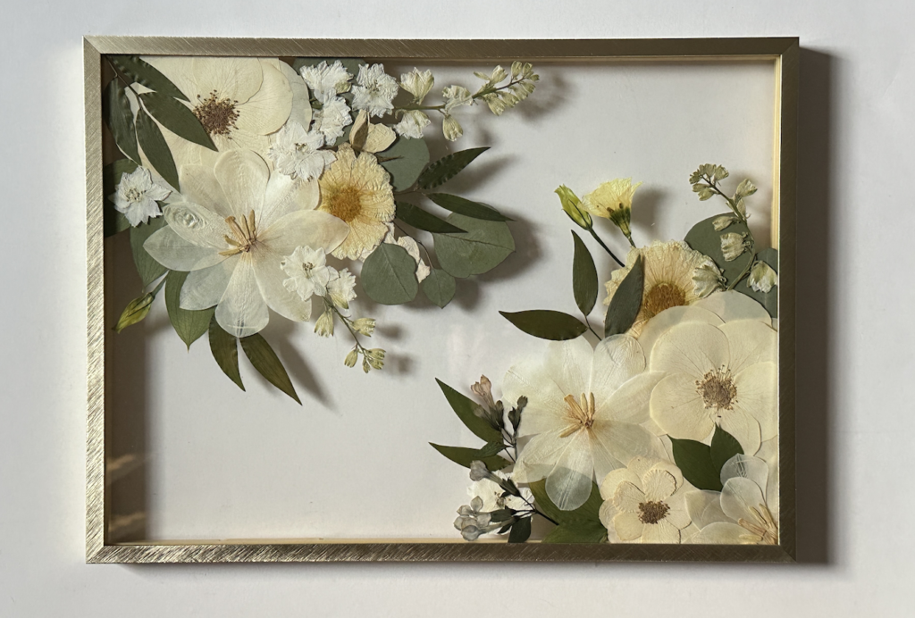 11x14 gold float style// natural white pressed flowers
